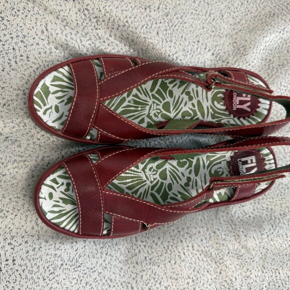 FLY LONDON Red Leather Wedge 2.5" Heel Sandal Strappy Slingback Size 37 US 6.5-7 - Picture 7 of 7